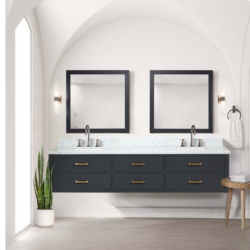 Lexora Castor Double Bath Vanity, Carrara Marble Top, Faucet Set, and Mirrors - 84 Inch - Black