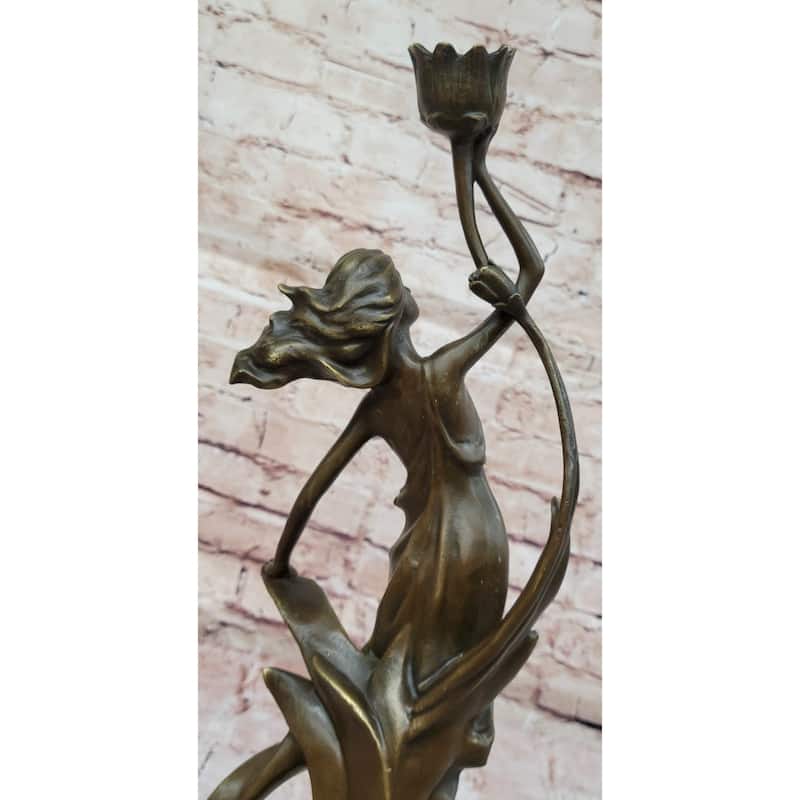 Art Nouveau Bronze Candle Holder Sculpture – Elegant Woman With Flowing Dress On Marble Base