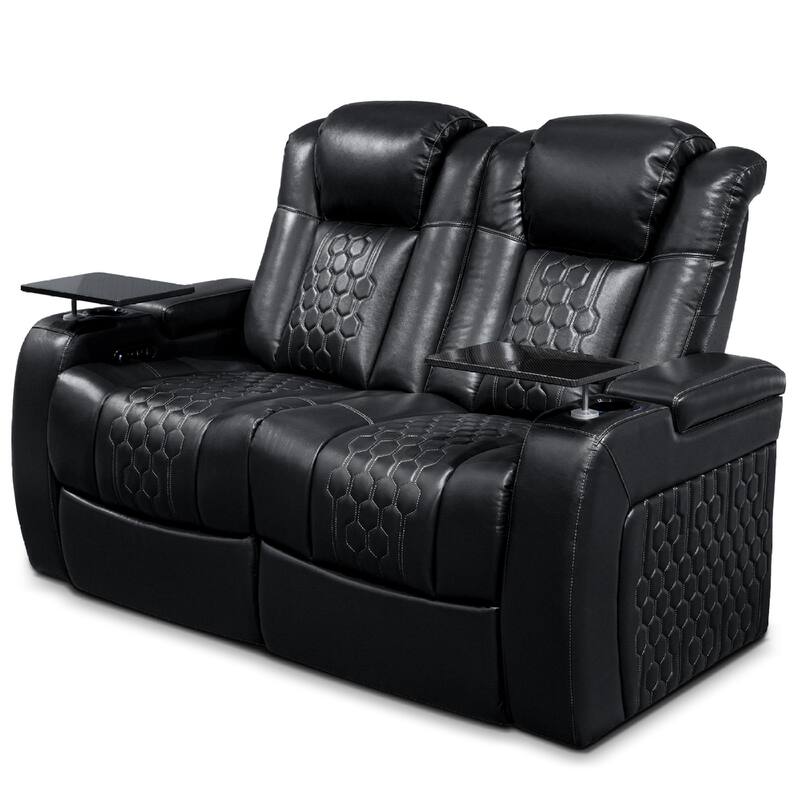Roomfitters 62" Power Recliner Set (2-Piece), Top-Grain Nappa 11000 Leather, RGB LED & USB-C Charging, Black