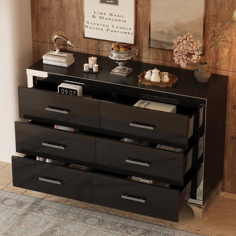 Elegant High Gloss Dresser with Metal Handle,Mirrored Storage Cabinet with 6 Drawers for Bedroom