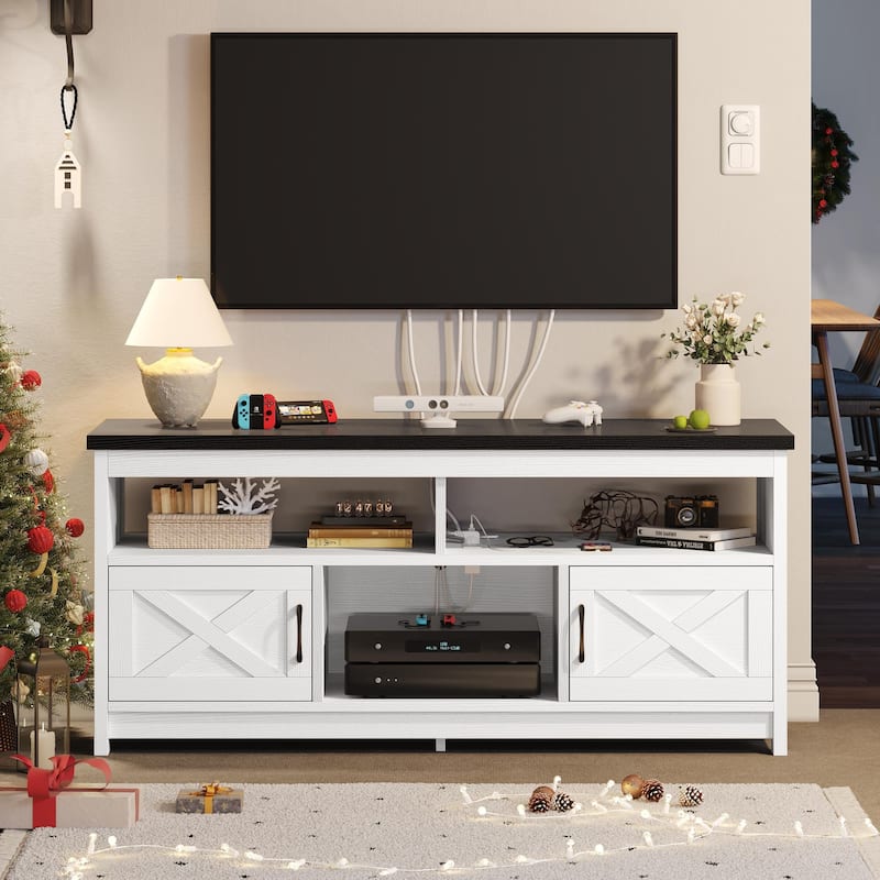 Farmhouse TV Stand for up to 65" TV with Doors and Open Shelves Media Console Power Outlet