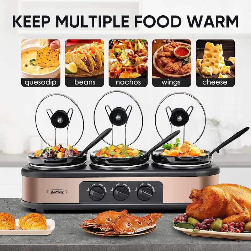 Triple Slow Cookers, 3x1.5 Qt Food Warmer AdjustableTemp Buffet Server