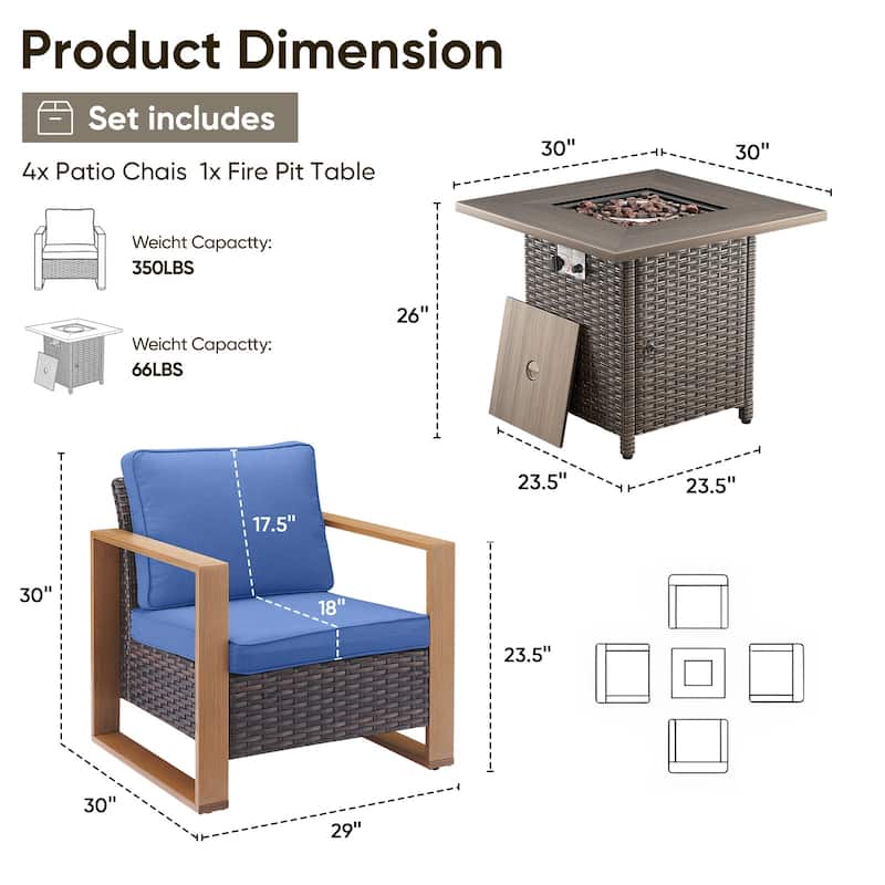 Pocassy 5 Pieces Outdoor All-Weather Chair with Fire Table Set