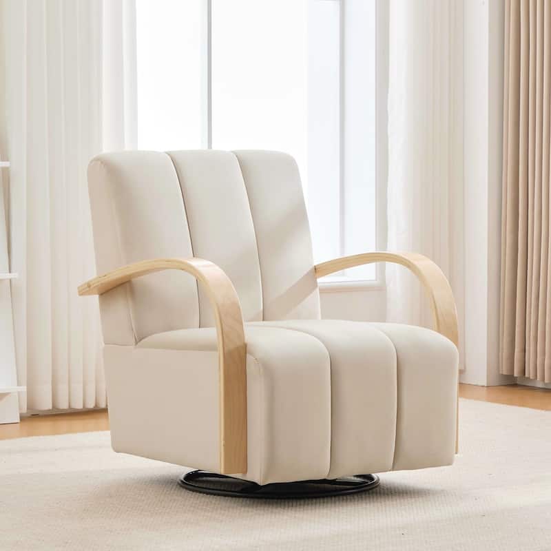Modern Upholstered 360° Swivel Accent Chair with Solid Wood Armrests and Comfy Lounge Reading Chair, Single Sofa Armchair - Beige