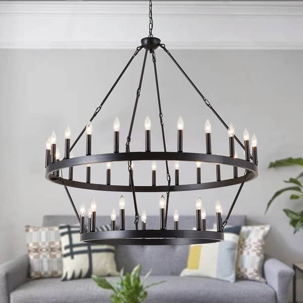 slide 2 of 32, Large Black Wagon Wheel Chandelier Farmhouse Pendant Light Fixture
