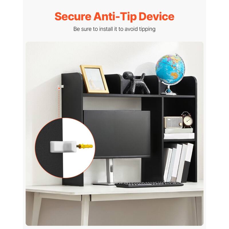Particle Board Desktop Bookshelf Hutch with Anti-Slip Feet Pads, 2 Shelves - 37.2" L x 9.5" W x 28.9" H