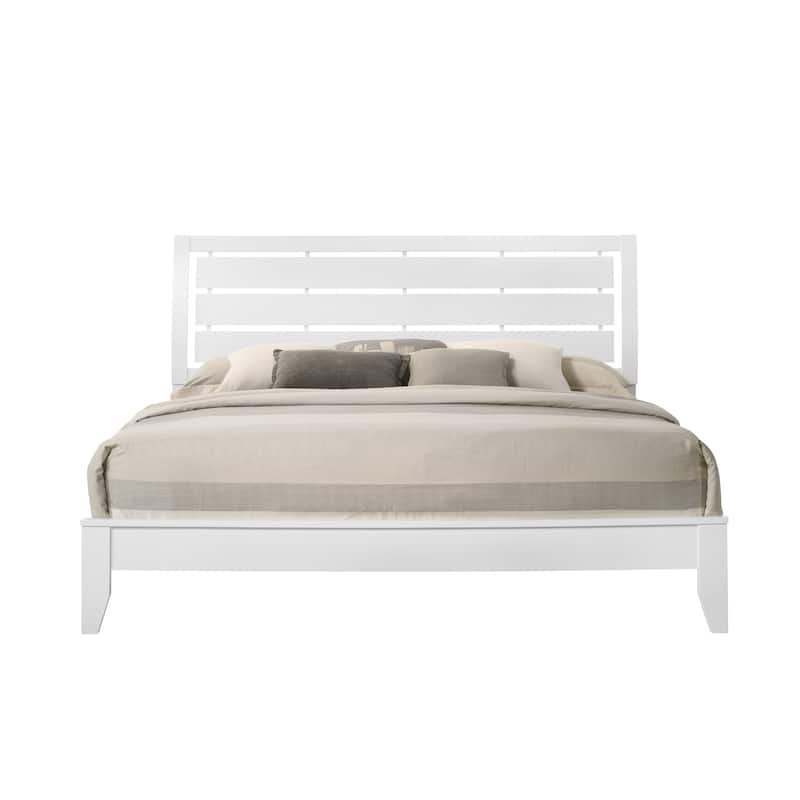 King Size Wooden Panel Bed with Geometric Design Headboard and Low Profile Footboard - White