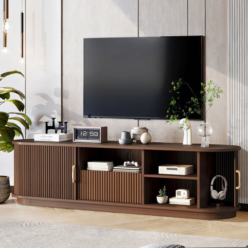 Farmhouse Fluted TV Stand with Sliding Wood Slatted Doors for TVs up to 75 inches