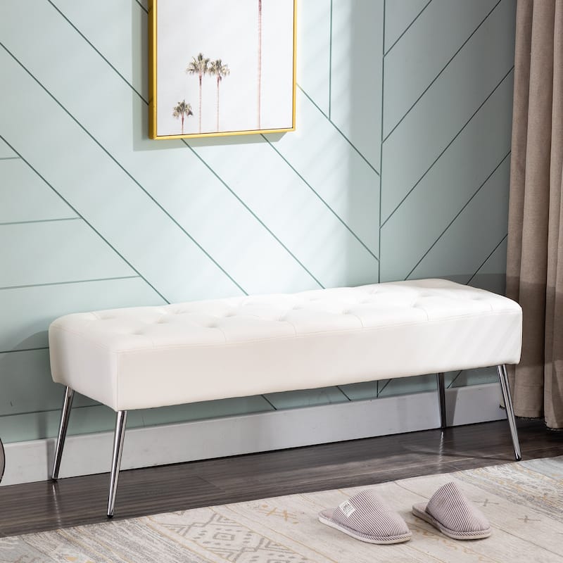 Modern 44" Length Button Tufted Bench - Faux Leather - White