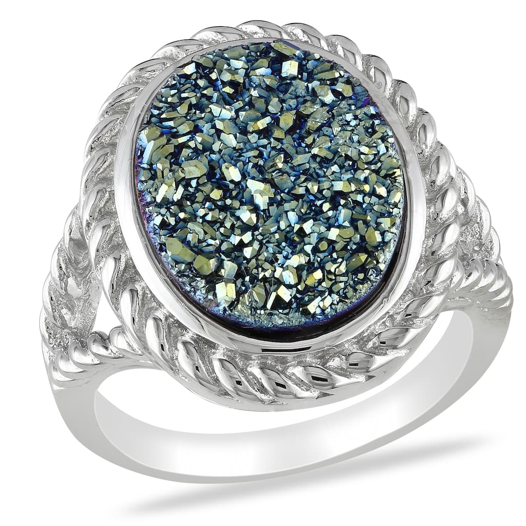 Miadora 3 1/2ct TGW Oval-Cut Blue Druzy Twisted Halo Ring in Sterling Silver