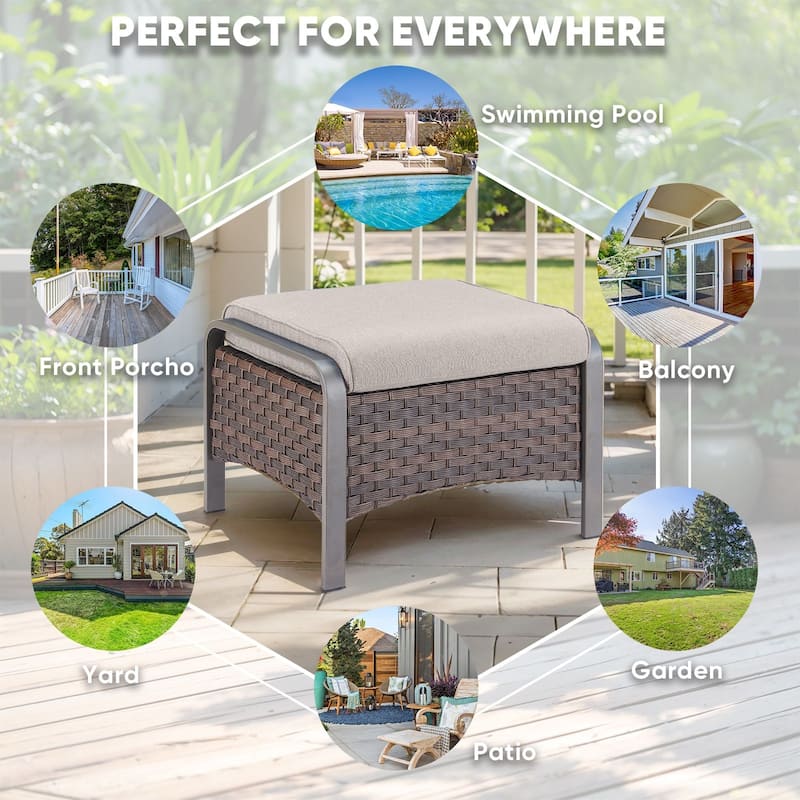Outdoor Ottomans Rattan Footrests with Cushion Set of 2