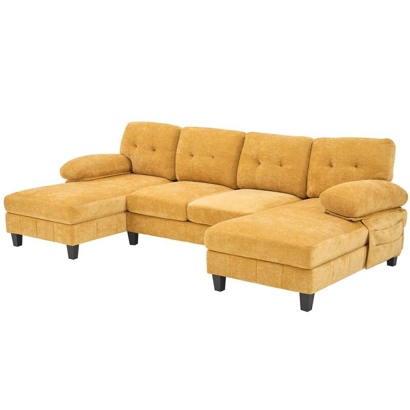 103.5" Chenille Fabric Couch U-Shaped Sectional Sofa with Dual Chaise Lounges, Storage Pockets and Armrest Pillows