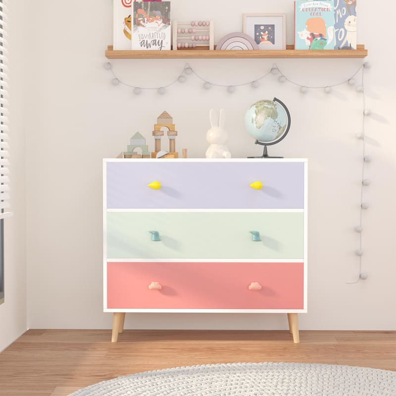 Anmytek Kids 3 Drawer Chest with Pastel Drawers Cartoon Handles Nursery and Playroom Storage