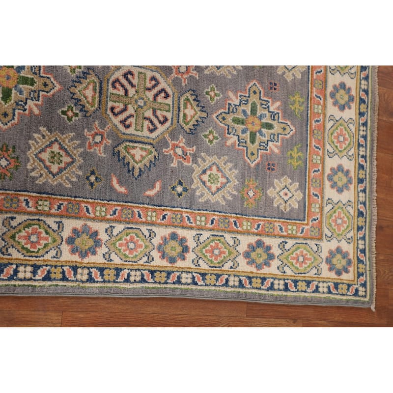 Gray Kazak Foyer Rug Hand-Knotted Geometric Wool Carpet - 2'7" x 4'2"