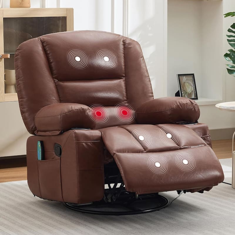 360° Swivel PU Leather Massage and Heating Rocker Recliner Chairs for Living Room, Bedroom - Brown