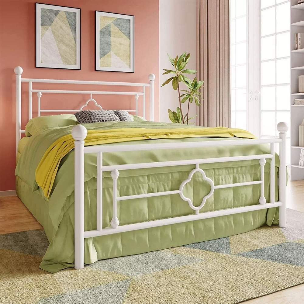 Queen Metal Platform Bed Frame with Vintage Headboard and Footboard