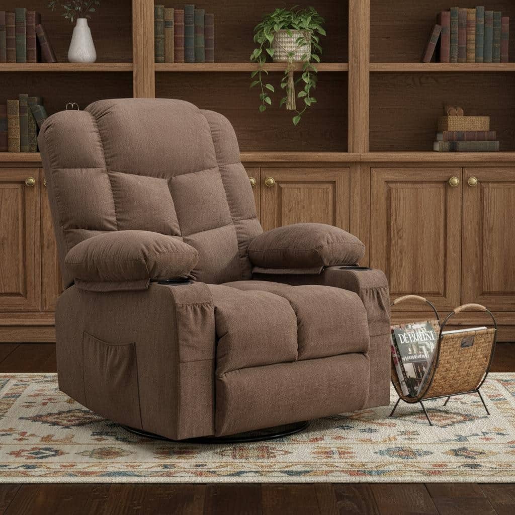 HomeRoots 37" Brown Faux Leather Heated Massage Lift Assist Recliner With USB