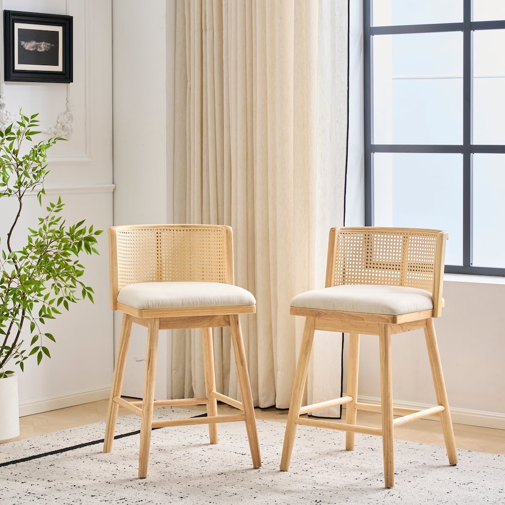 Christopher Knight Home - Talia Scandinavian Upholstered Wooden Counter Stool Set - Bar Chairs with Rattan Backrest