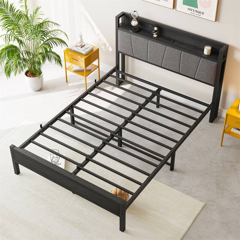 Full Size Bed Frame, Storage Headboard with Charging Station