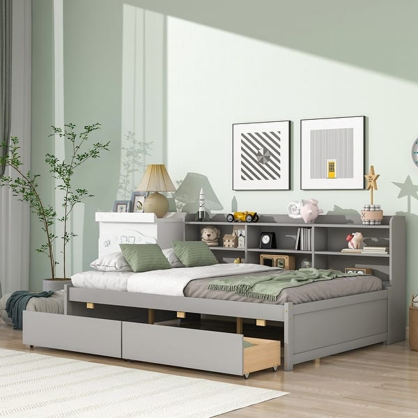 slide 2 of 18, Full Size Storage Bed w/ Side Bookcase, Drawers Platform Bed Frame Grey