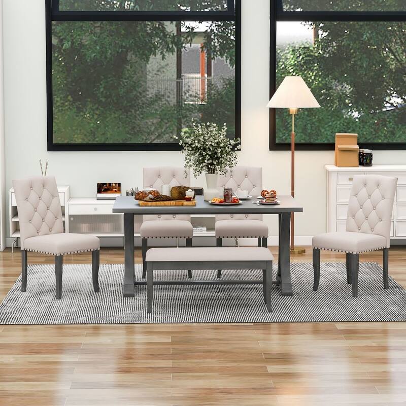 Farmhouse 6-piece Wooden Dining Set with Bench and 4 Upholstered Chairs