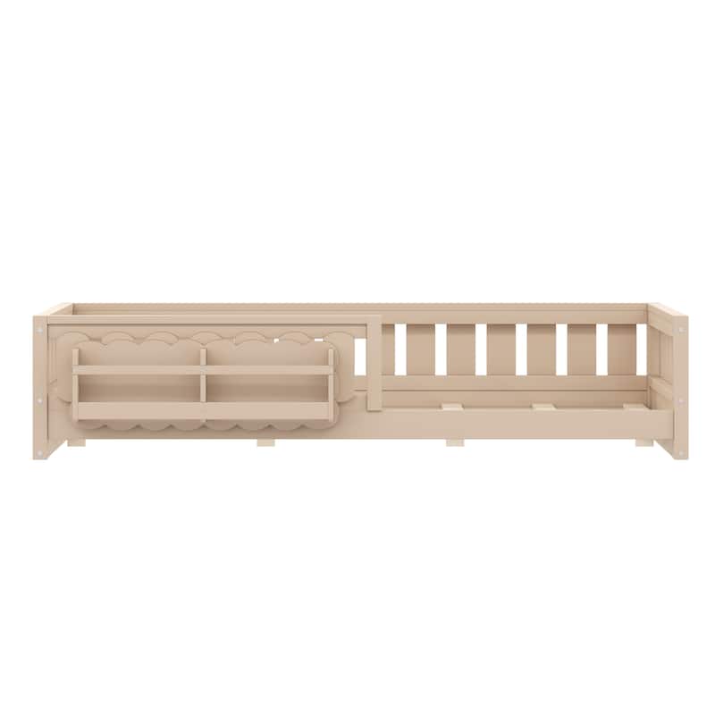 Kid Wood Platform Storage Bed Montessori Toddler Floor Bed Children Daybed with Guardrail and Side Creativity Storage Shelves