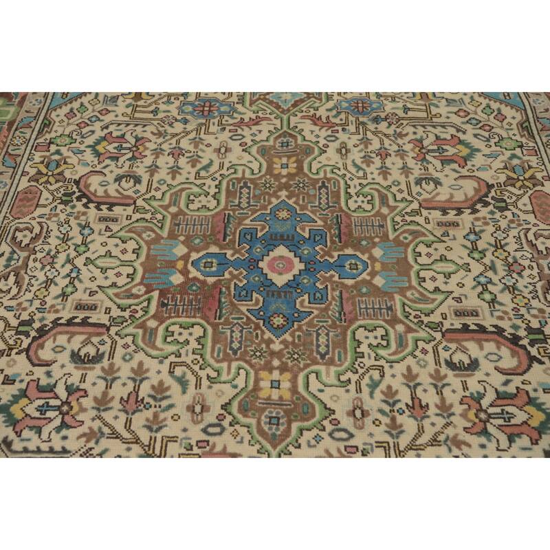 Hand Knotted Oriental 100% Wool Carpet Traditional Floral Beige & Ivories Tabriz Area Rug - 9' 3'' X 6' 4''