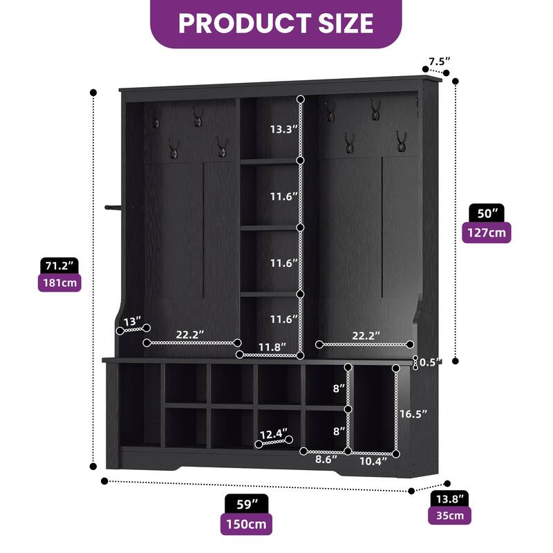 Moasis 39"/59" Farmhouse Hall Tree Bench Shoe Storage Coat Rack for Entryway with Adjustable Shelf