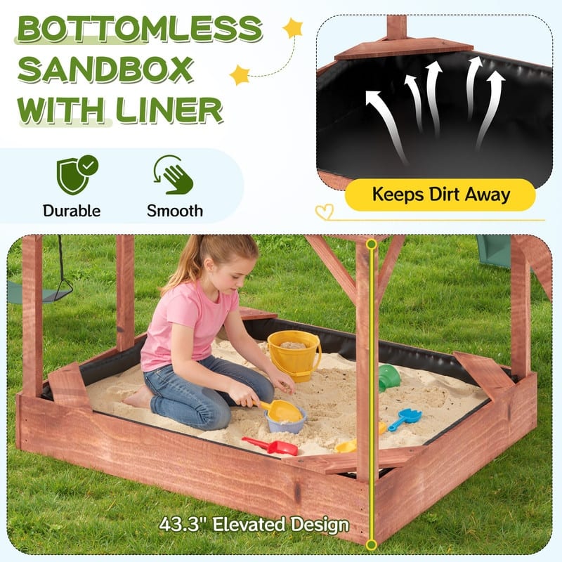 Kids Outdoor Wooden Swing Set with Elevated Playhouse, Wave Slide, Belt Swings and Sandbox - Natural Wood