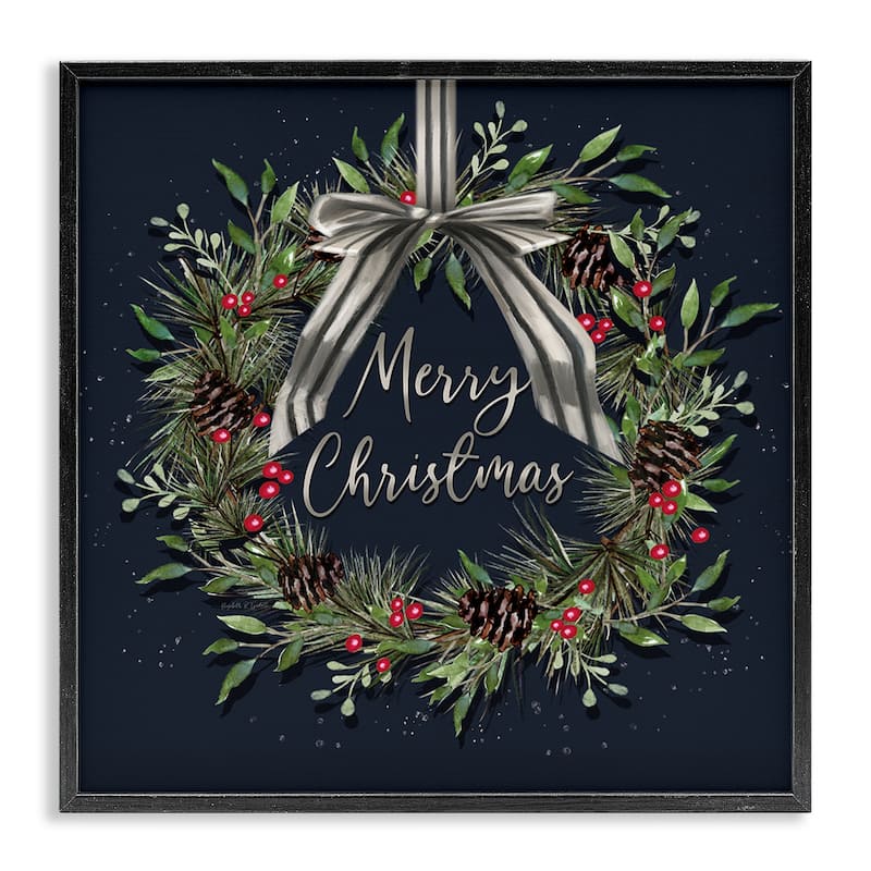 Stupell Hanging Christmas Wreath with Bow Framed Giclee Art Design By Elizabeth Tyndall - 17 x 17 - Black