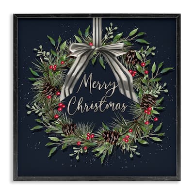 Stupell Hanging Christmas Wreath with Bow Framed Giclee Art Design By Elizabeth Tyndall