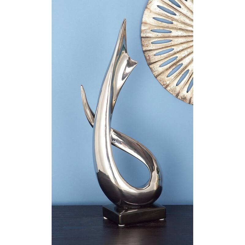 Silver Porcelain Ceramic Abstract Decorative Sculpture with Black Base - Silver