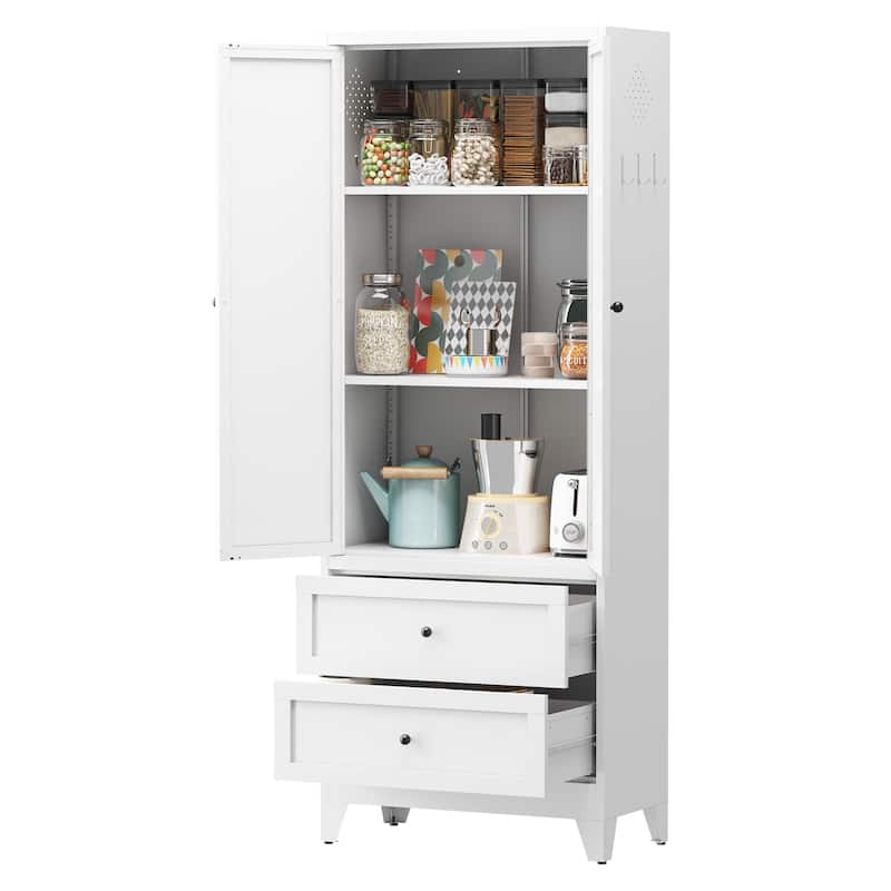 72 Inch White Pantry Cabinet with 2 Drawers, Freestanding Kitchen Storage Cabinet with Adjustable Shelves
