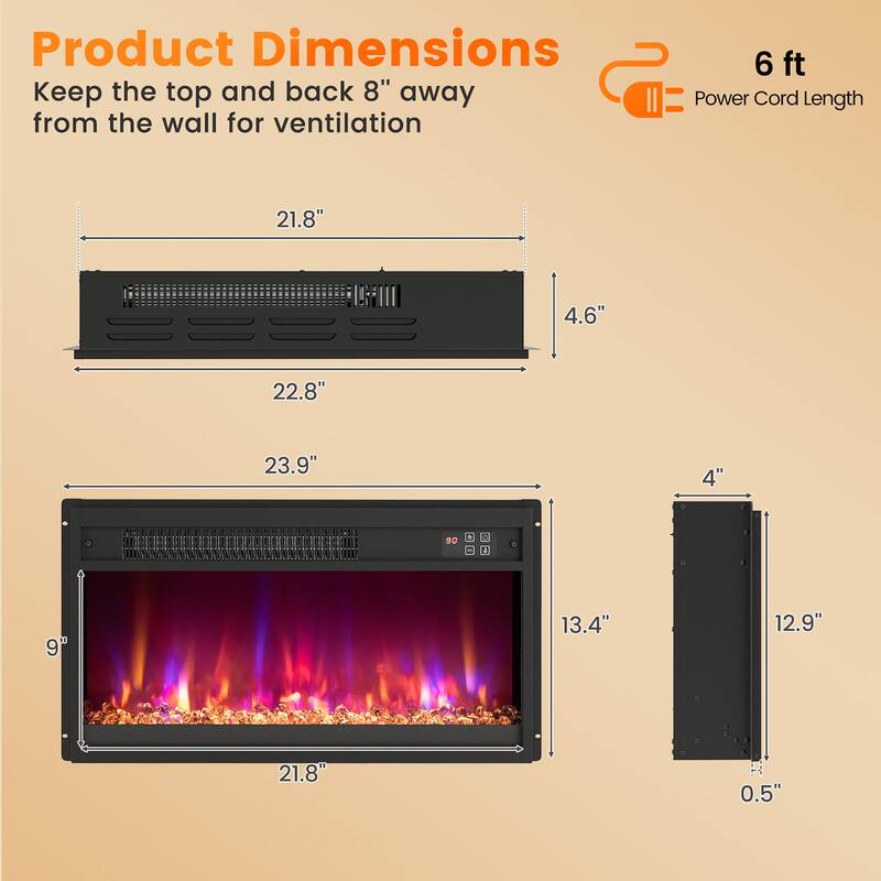 Gymax 23'' Electric Fireplace Insert Recessed 1500W Fireplace Heater