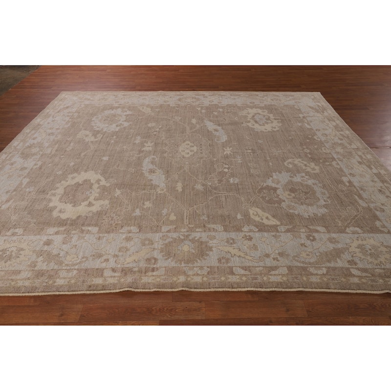 Brown Floral Oushak Vegetable Dye Area Rug Hand-Knotted Wool Carpet - 8'7"x 9'10"