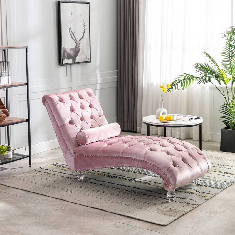 Velvet Tufted Chaise Lounge Chair Ergonomic S Shape Recliner with Pillow, Nailhead Trim and Acrylic Legs for Indoor Use