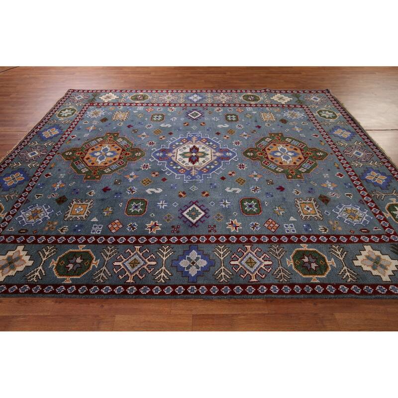 Blue Kazak Rug Hand-Knotted Wool Carpet - 8'0" x 9'11"