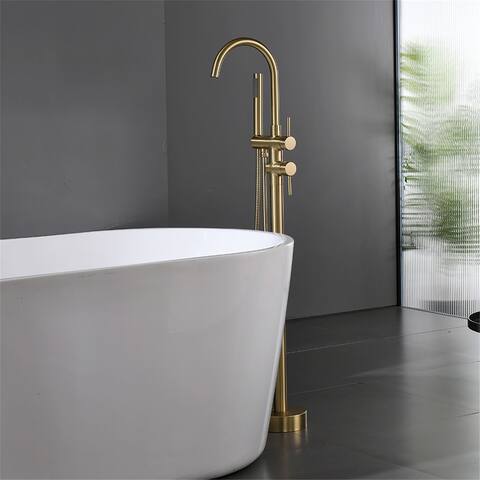 Freestanding Tub Faucet Brushed Gold Floor Mount Tub Filler with Double Handles and Handheld Shower Mixer Taps
