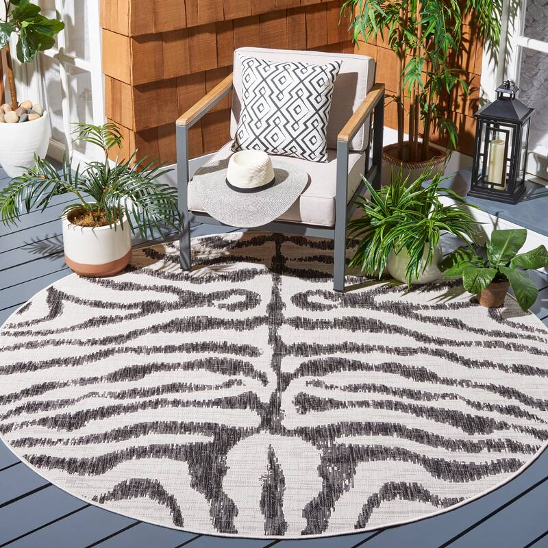 SAFAVIEH Courtyard Kalyonka Indoor/ Outdoor Waterproof Patio Backyard Rug - 6'7" Round - Ivory/Black