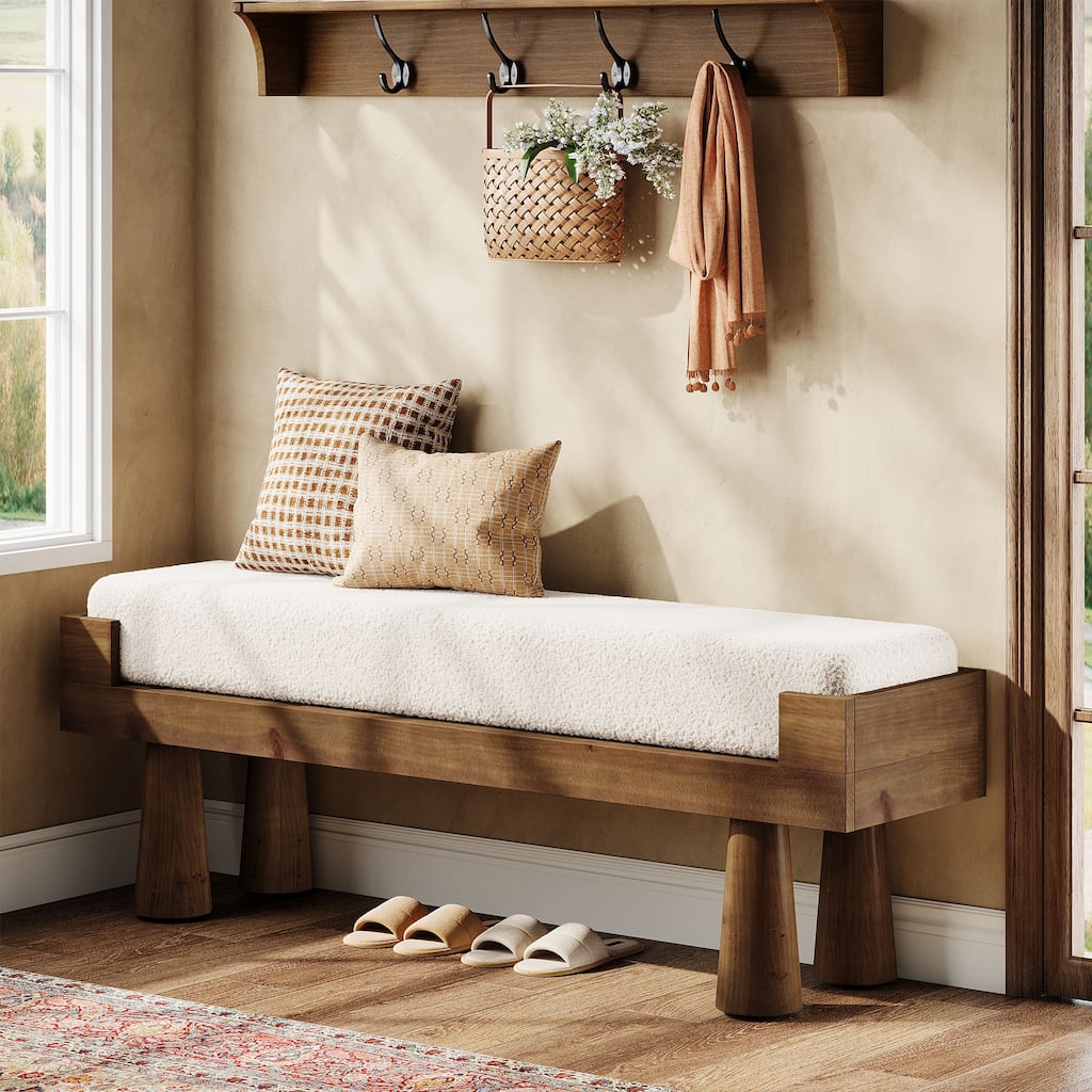 47 Inch Upholstered Entryway Bench, Shoe Bench Padded Seat with Solid Wood Legs