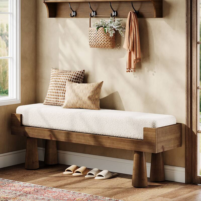 Solid Wood Bench with Cushion, 47.2'' Modern Bench for Bedroom Entryway
