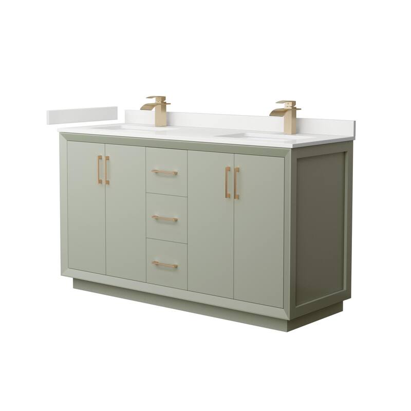 Wyndham Collection WCF414160D-QTZ-UNSMXX Strada 60" Free Standing - Light Green / White Quartz Top / Satin Bronze