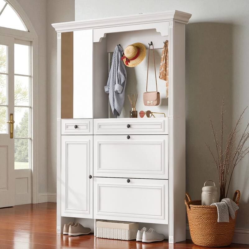 54.7'' Hall Tree with Shoe Cabinet and Mirror, 4-in-1 Entryway Bench with 2 Flip Drawers, 2 Cabinets & 4 Hooks for Hallway