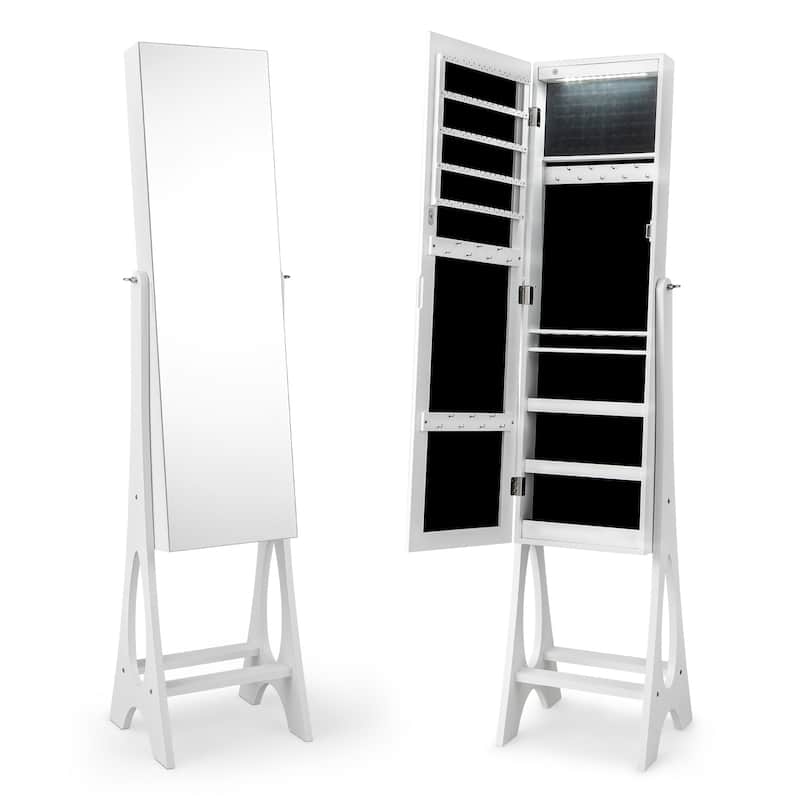Freestanding Jewelry Cabinet Armoire Organizer with 5 Lined Shelves and Full Size Mirror - 14.5" x 13.5" x 61" (L x W x H) - White