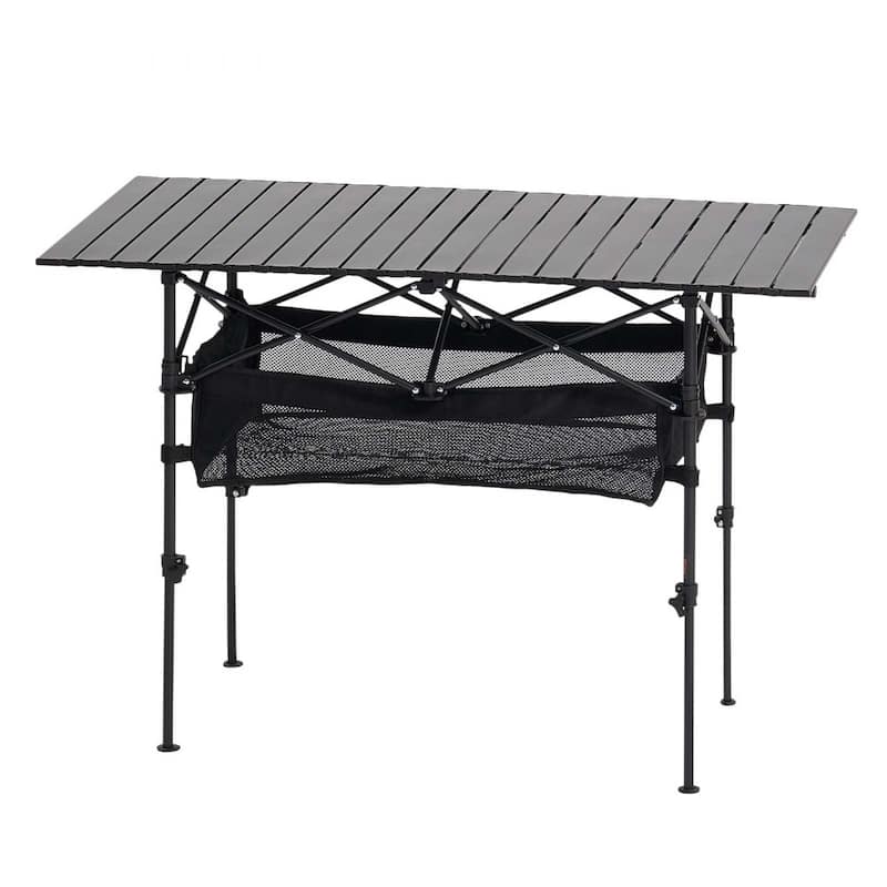 47.2” Black Aluminum Alloy Foldable Adjustable Height Outdoor Camping Table for Picnic 4-6 People