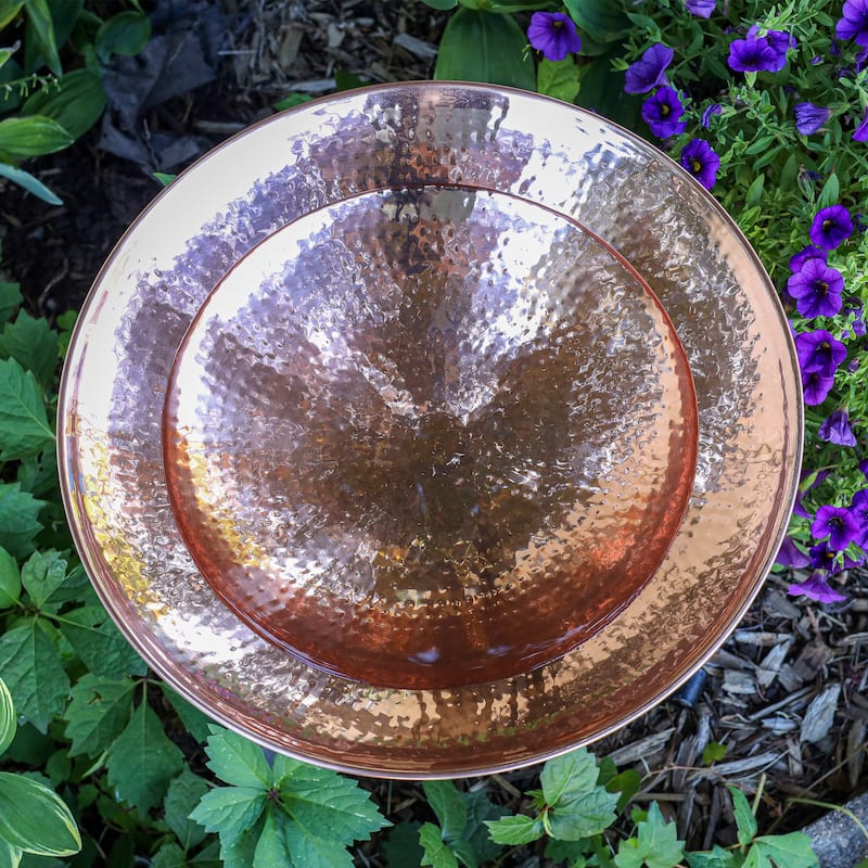 Achla Designs 14"W Round Polished Copper Plated Stainless Steel Birdbath w/ Black Wrought Iron Tripod Stand