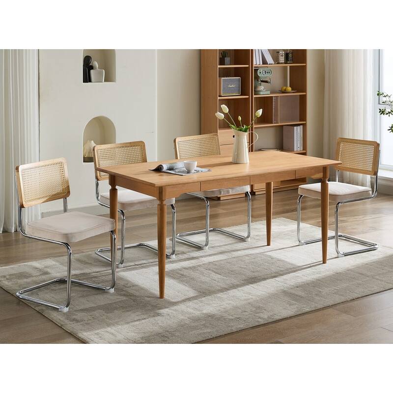 Mid Century Modern Dining Chairs Set of 2, Natural Cane Back & Stainless Chrome Base, Upholstered Rattan Kitchen Chairs