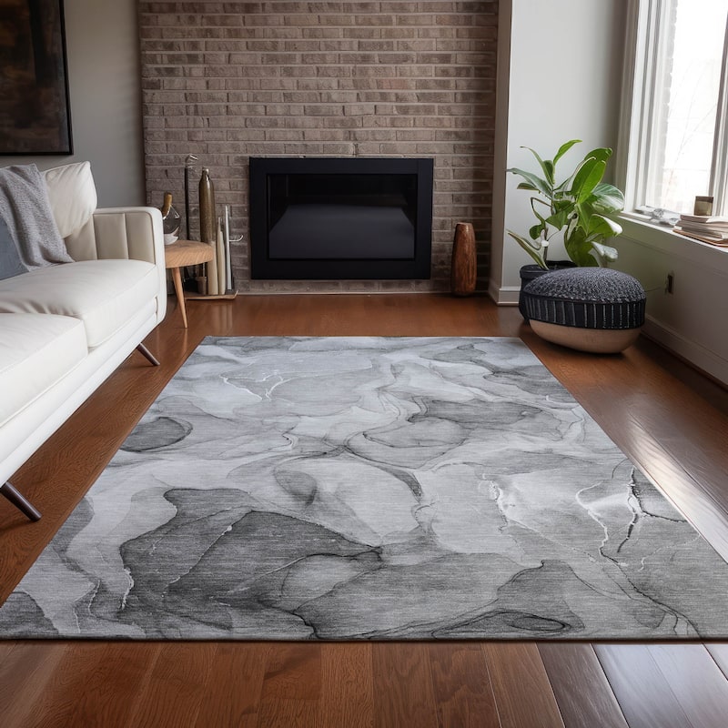 Machine Washable Indoor/ Outdoor Chantille Watercolor Gray Rug