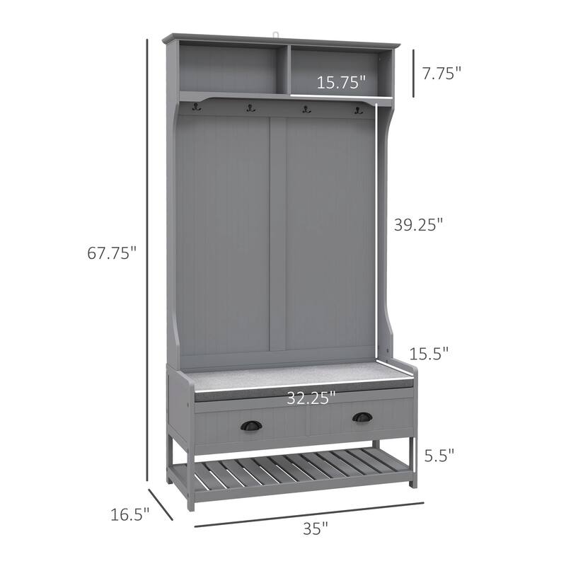 3-in-1 Coat Rack with Shoe Rack, 2 Drawers, 4 Hooks and Seat Cushions