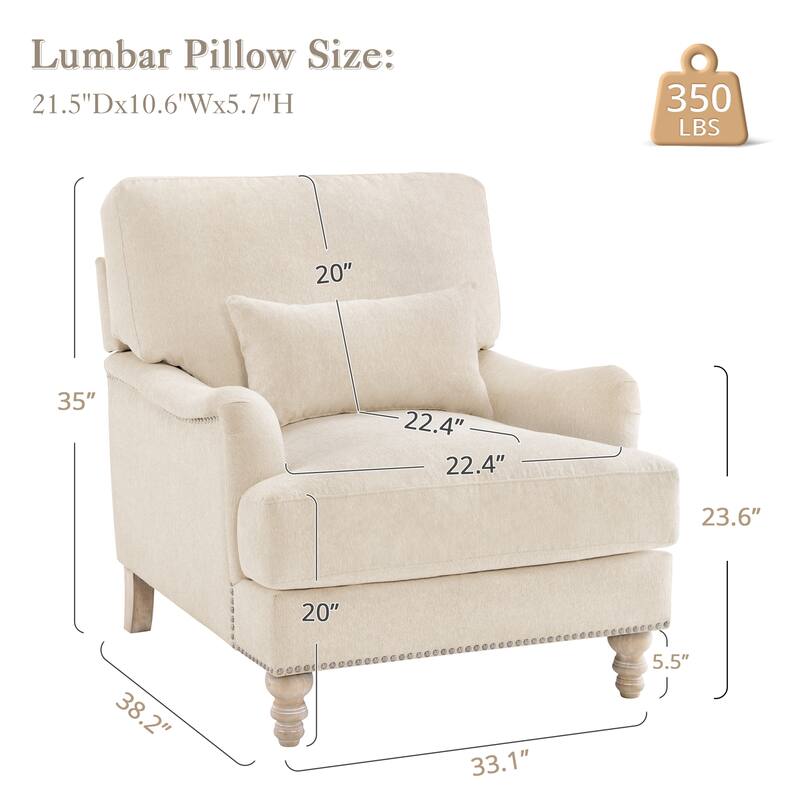 Upholstered Accent Chair with Solid Wood Legs and Pillow for Living Room Seating